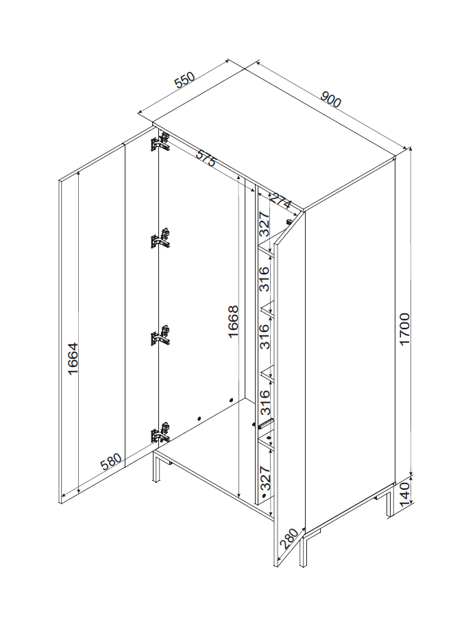 Garde-robe 2 portes avec pied en métal noir mat/chêne Écrin 90x184 cm