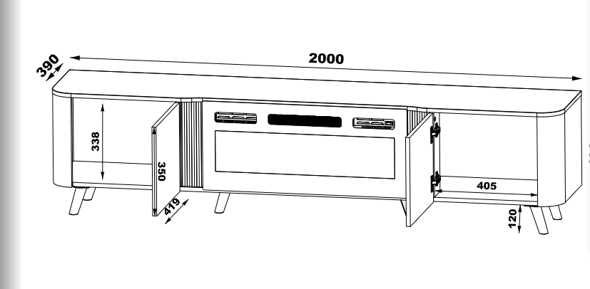 Meuble TV 2 portes avec cheminée intégrée Harmonie 200x49 cm
