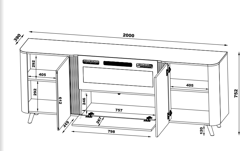 Buffet 3 portes avec cheminée intégrée Harmonie 200x75 cm