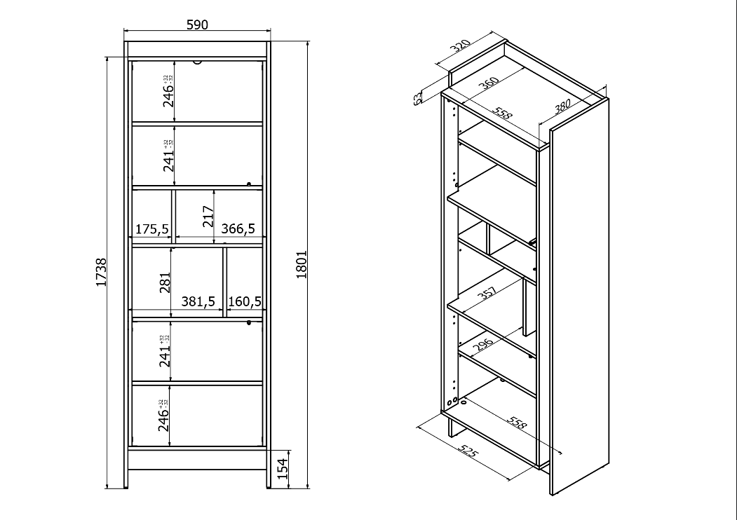 Vitrine 2 portes noir mat/chêne Élixir 59x180 cm
