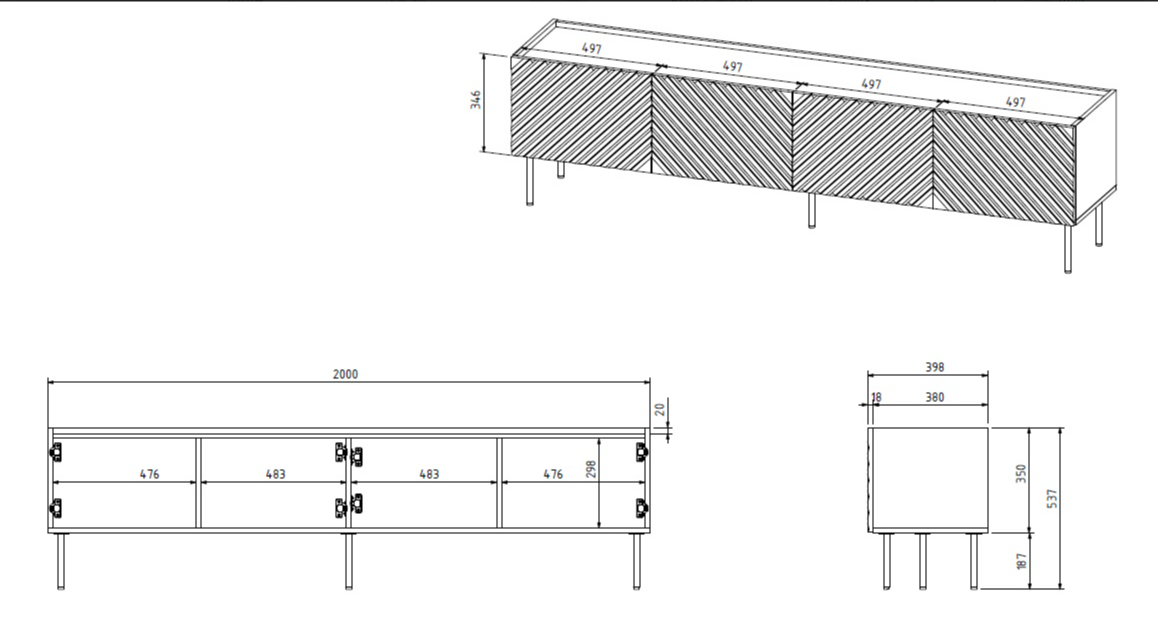 Meuble TV 4 portes avec pied en métal Rêve 200x53 cm