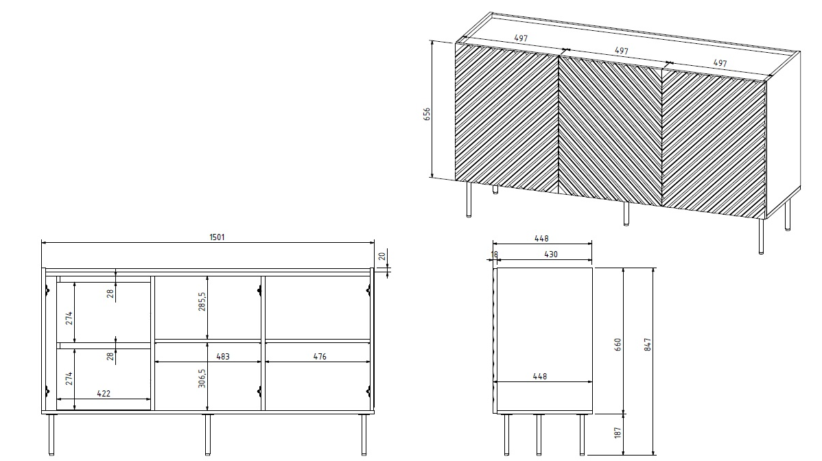 Buffet 3 portes 2 tiroirs avec pied en métal Rêve 150x84 cm