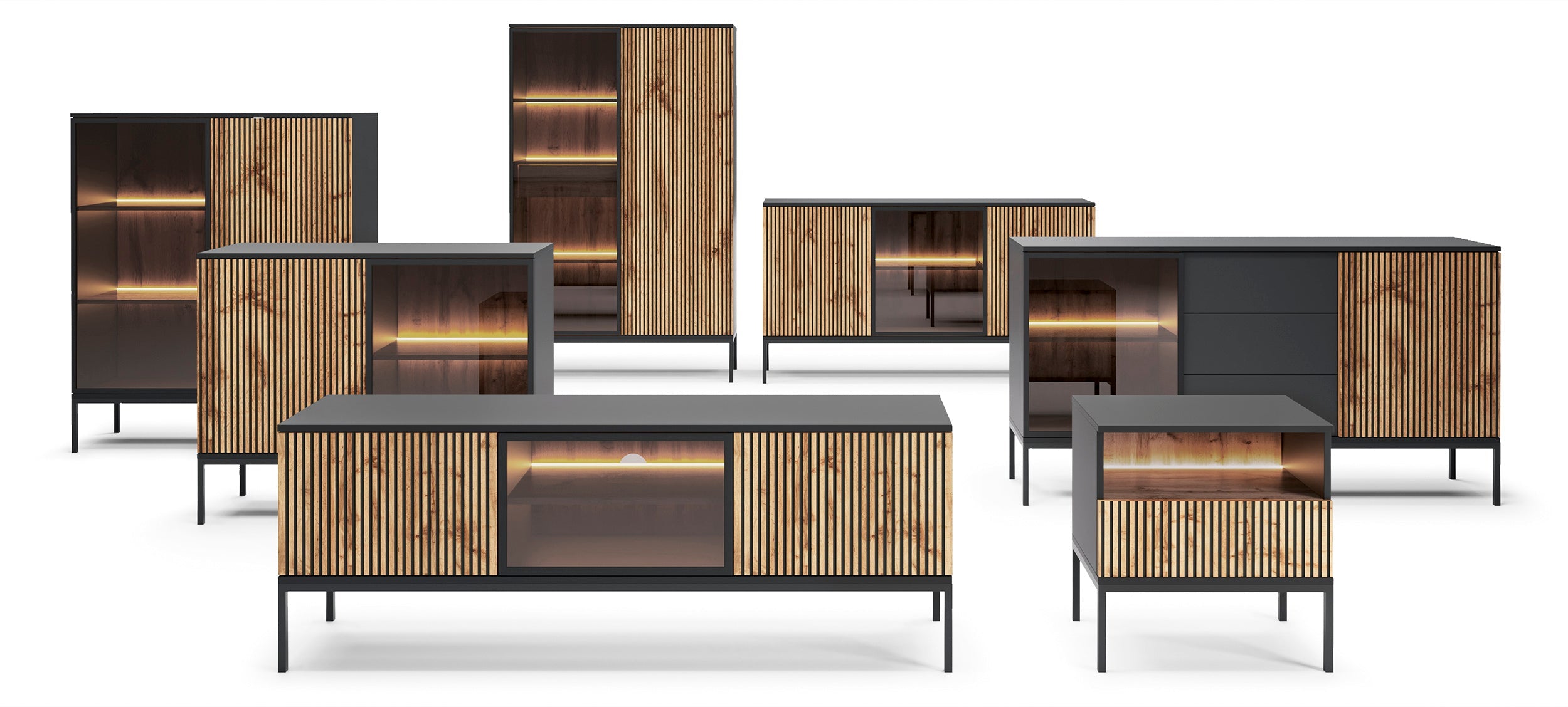 Vitrine 2 portes avec LED intégrées noir et chêne Aura 104x126 cm