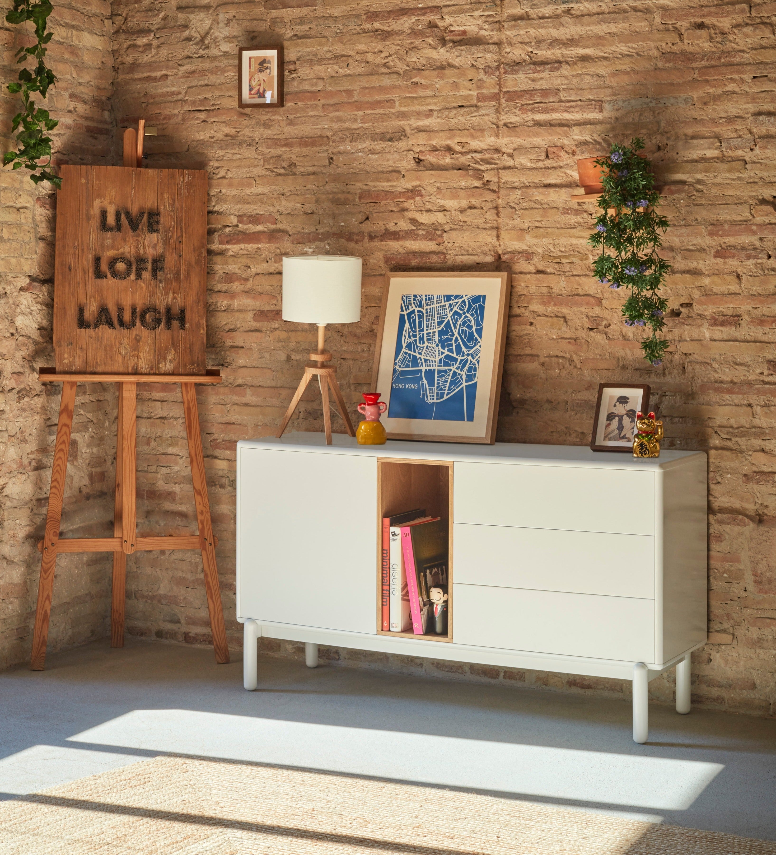 Buffet 3 tiroirs 1 porte 140x40 cm Corvo de Teulat crème
