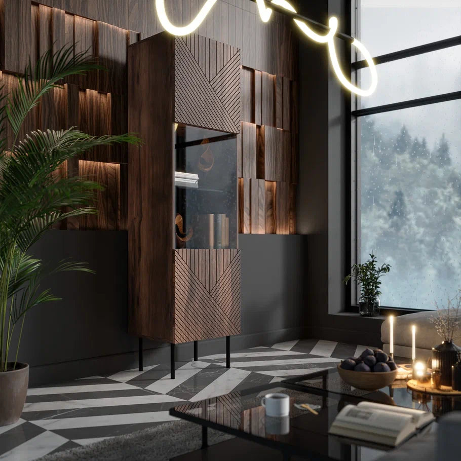 Vitrine 1 porte noyer avec pied en métal Deco 50x187 cm