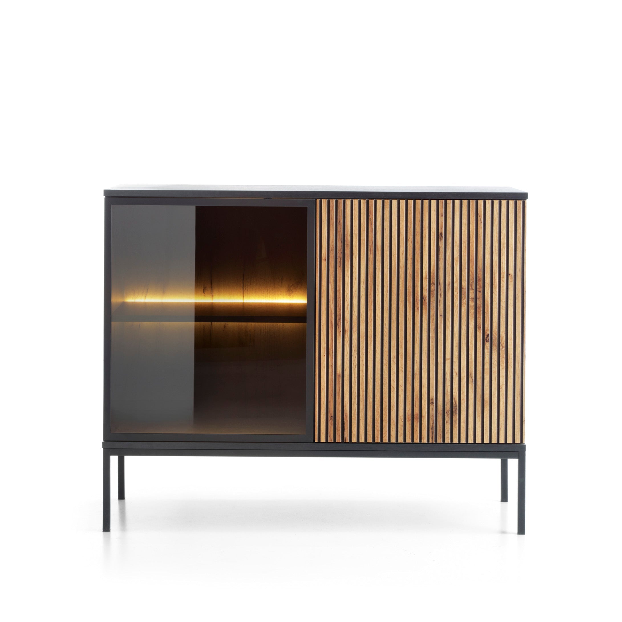 Buffet 2 portes avec LED intégrées noir et chêne Aura 104x83 cm