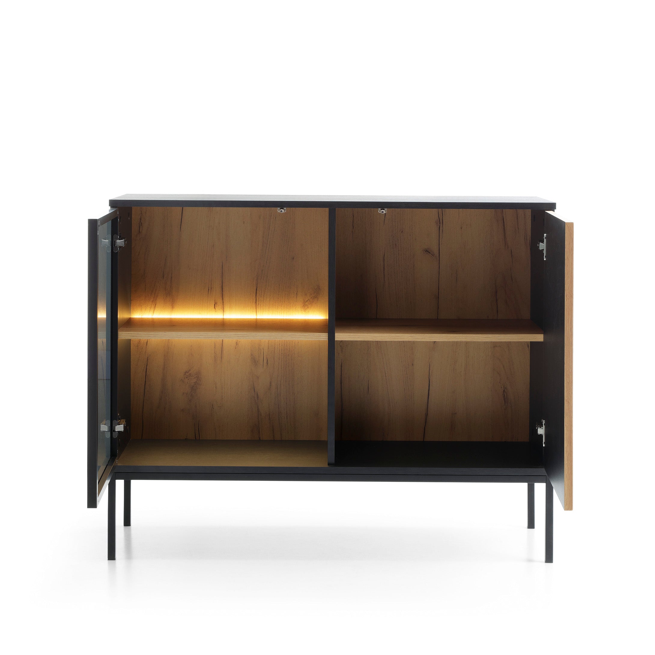 Buffet 2 portes avec LED intégrées noir et chêne Aura 104x83 cm