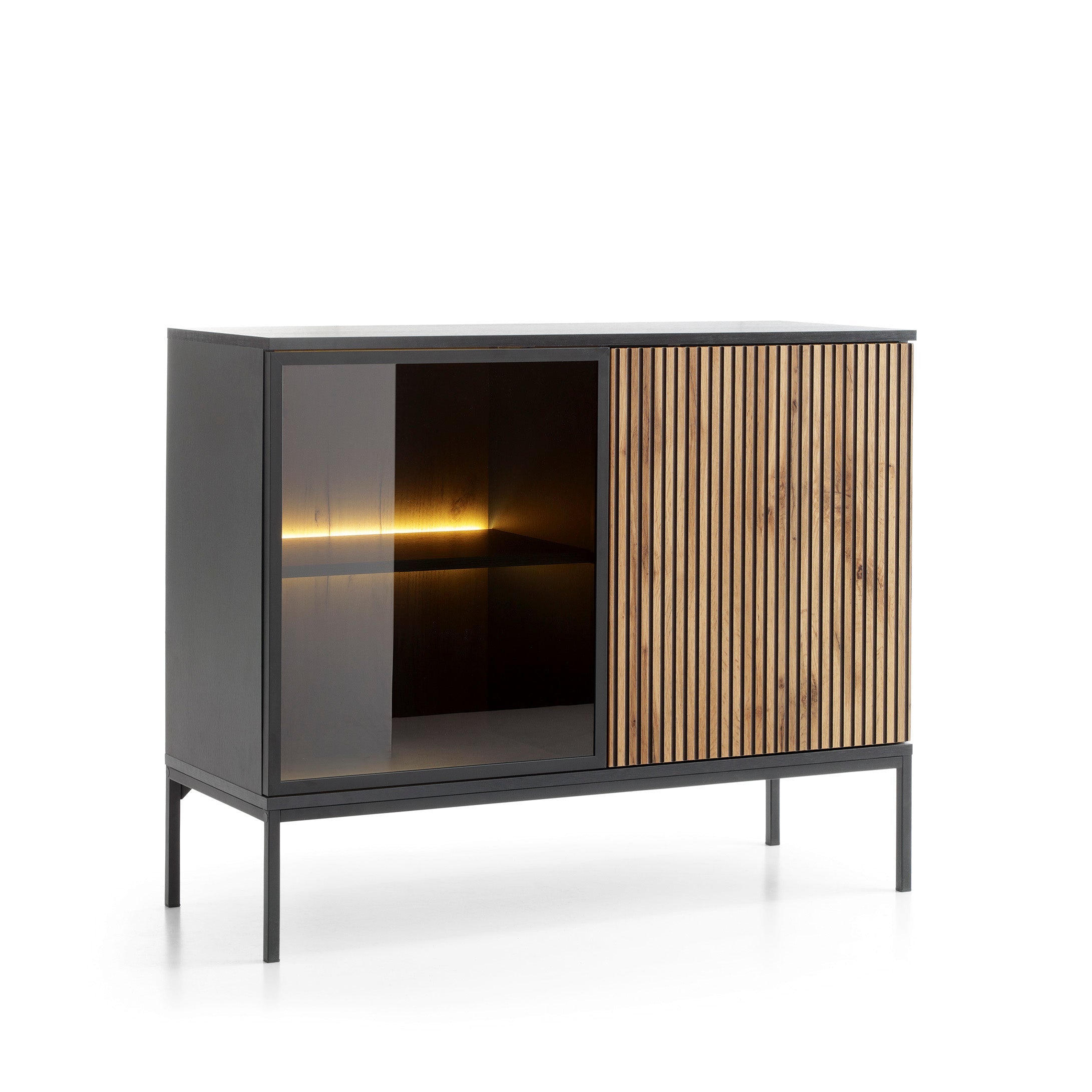 Buffet 2 portes avec LED intégrées noir et chêne Aura 104x83 cm