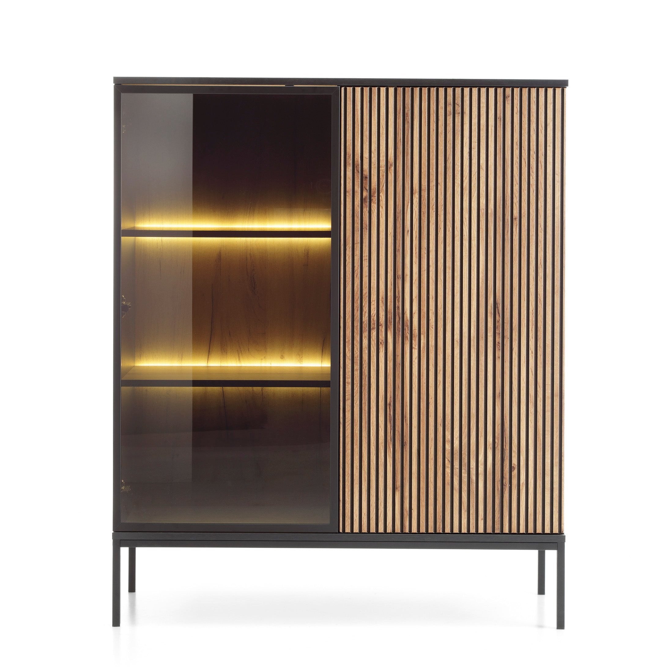 Vitrine 2 portes avec LED intégrées noir et chêne Aura 104x126 cm