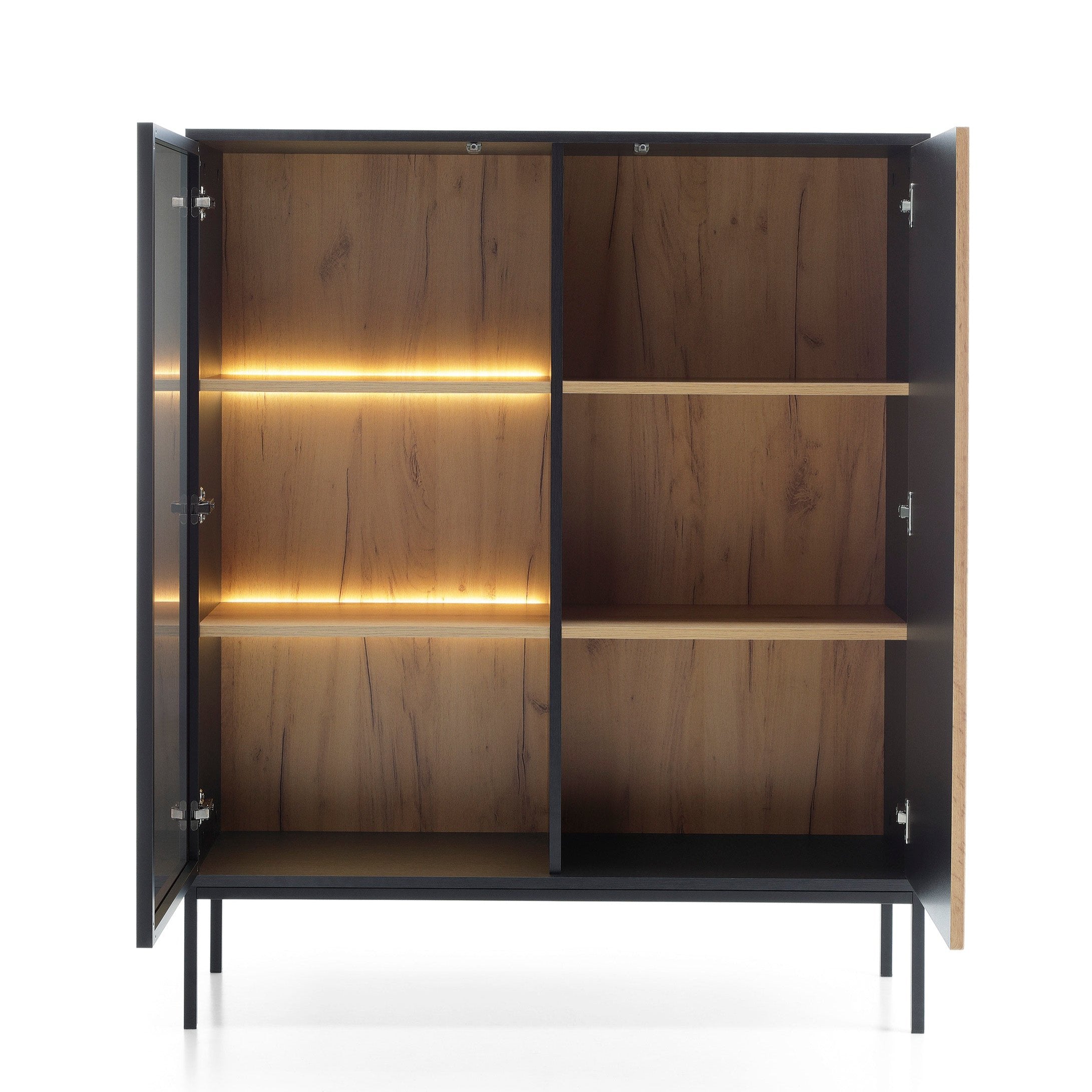 Vitrine 2 portes avec LED intégrées noir et chêne Aura 104x126 cm