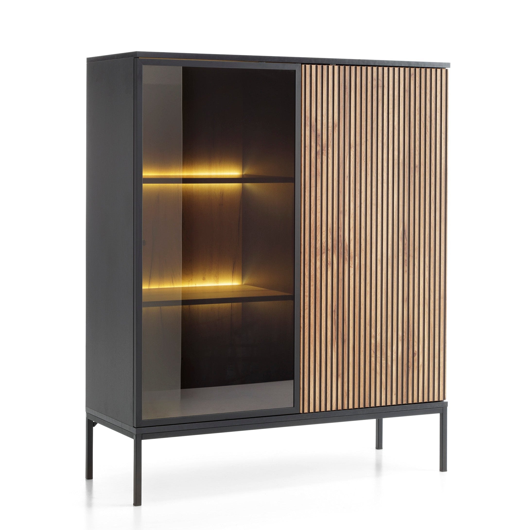 Vitrine 2 portes avec LED intégrées noir et chêne Aura 104x126 cm