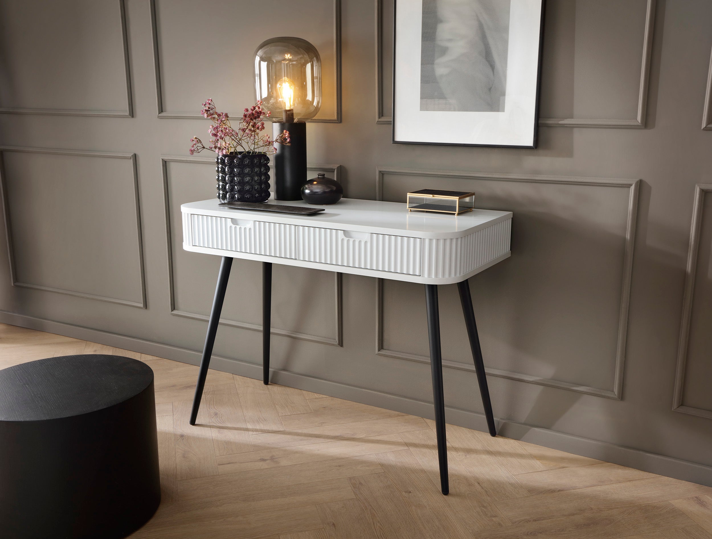 Console 2 tiroirs avec pieds en métal Calisio 103x80 cm