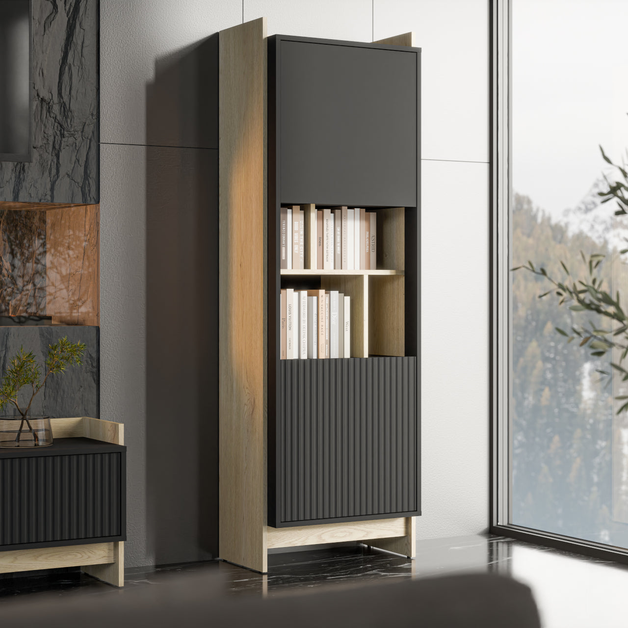 Vitrine 2 portes noir mat/chêne Élixir 59x180 cm