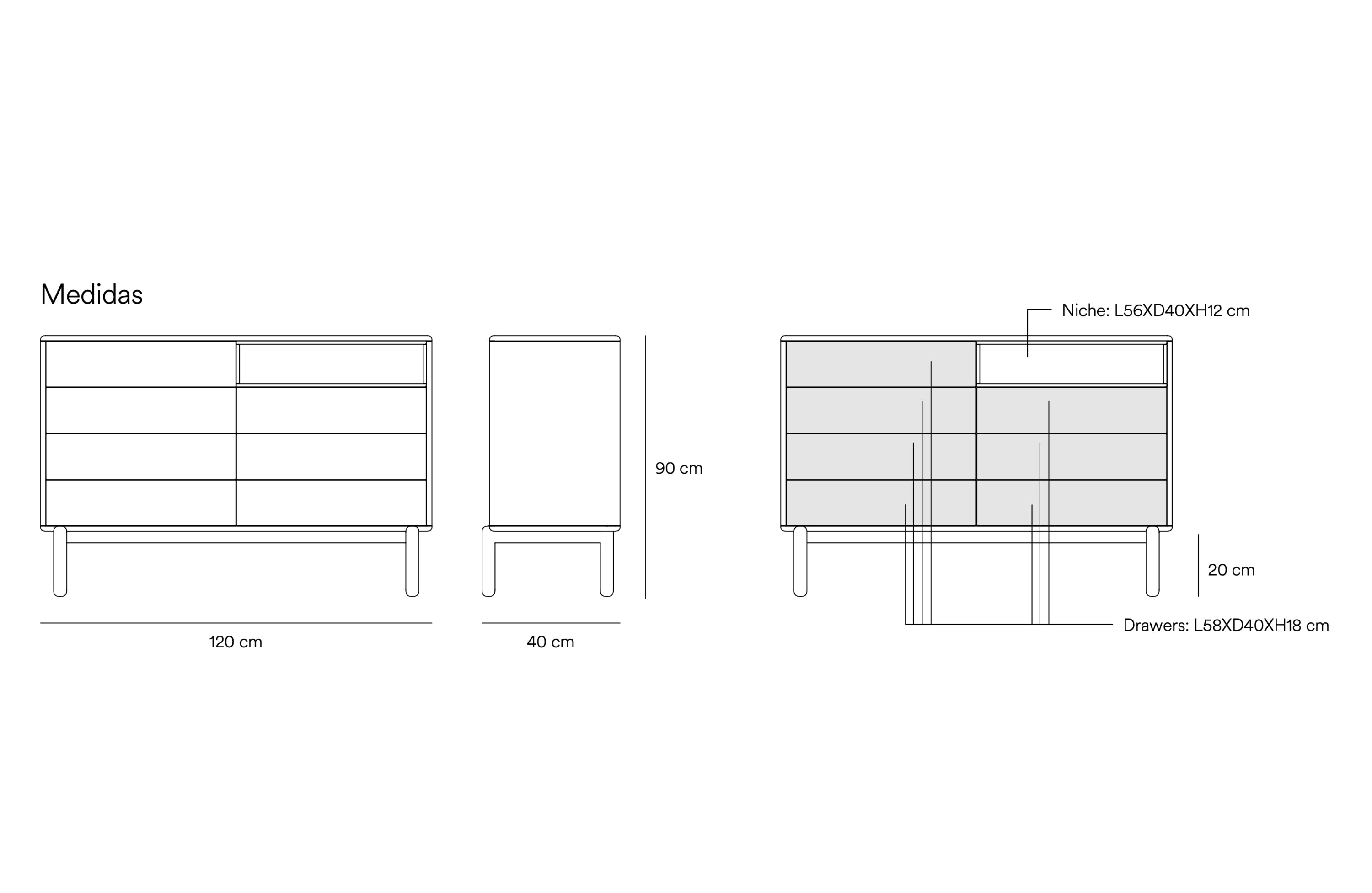 Commode 7 tiroirs 120x40 cm Corvo de Teulat gris perle