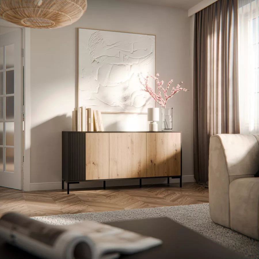 Buffet 3 portes avec pied en métal noir mat/chêne écrin 151x74 cm