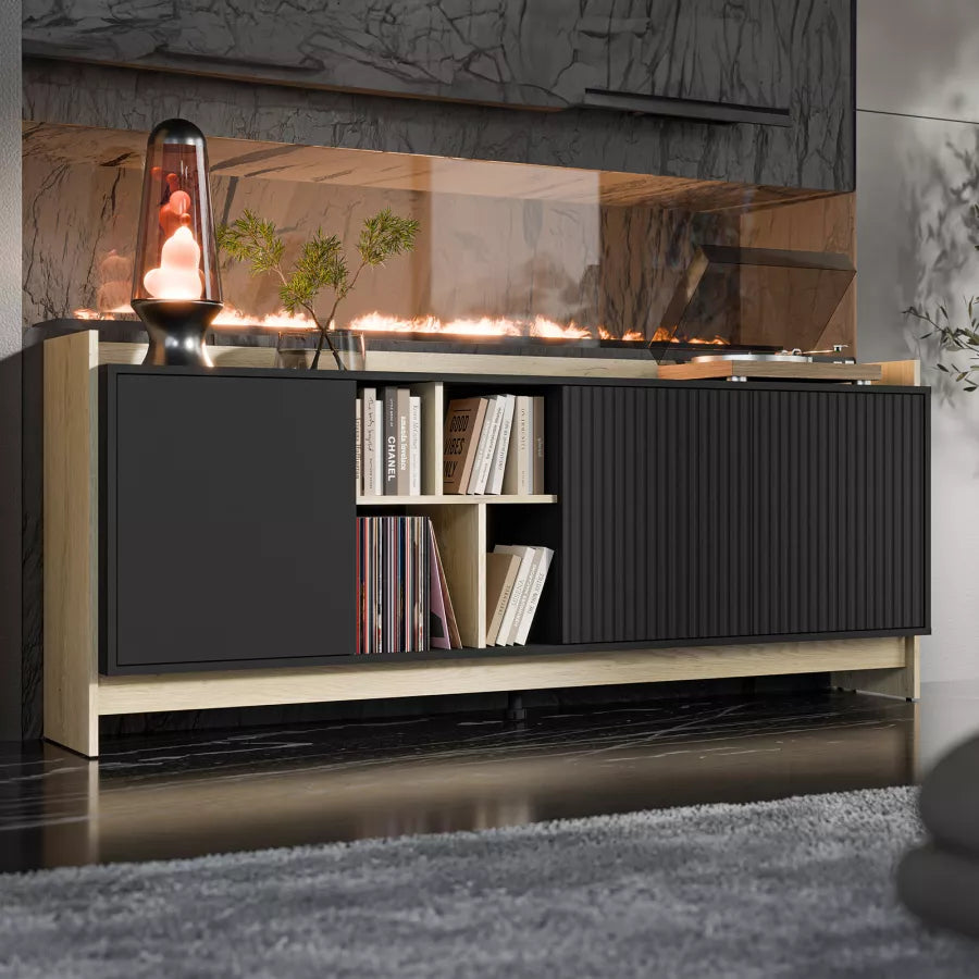 Buffet 3 portes noir mat/chêne Élixir 190x77 cm