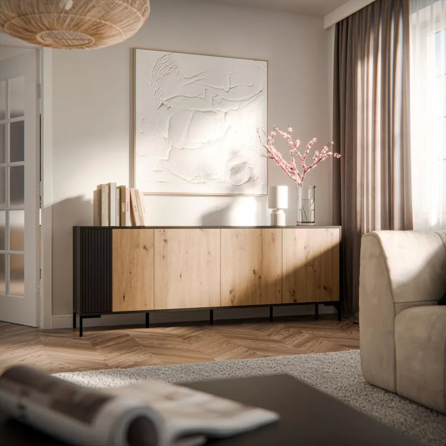 Buffet 4 portes avec pied en métal noir mat/chêne écrin 200x74 cm