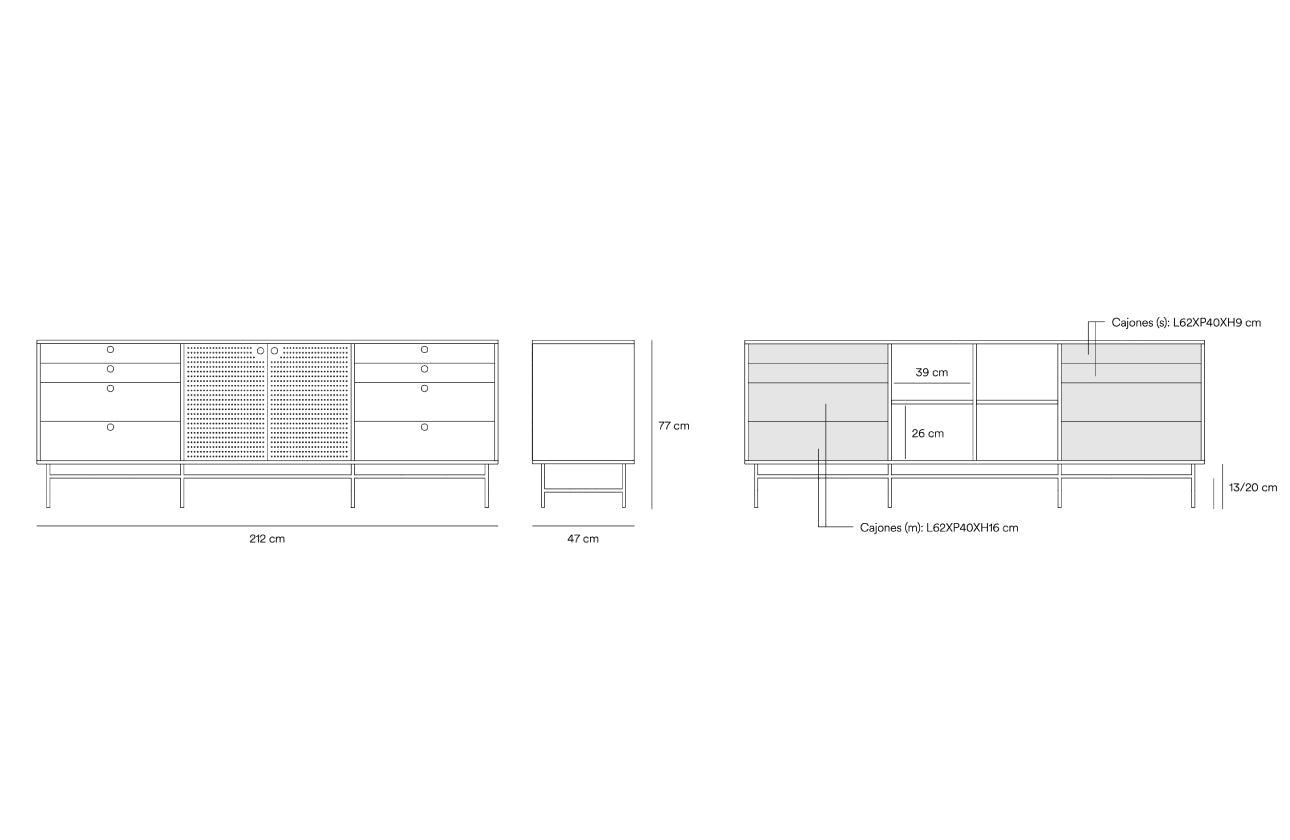 Buffet 8 tiroirs 2 portes 212x47 cm Punto de Teulat bleu