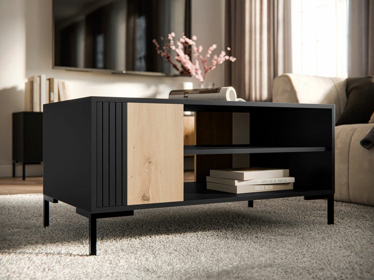 Table basse avec pied en métal noir mat/chêne Écrin 100x49 cm