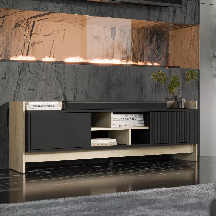 Meuble TV 2 portes noir mat/chêne Élixir 150x50 cm