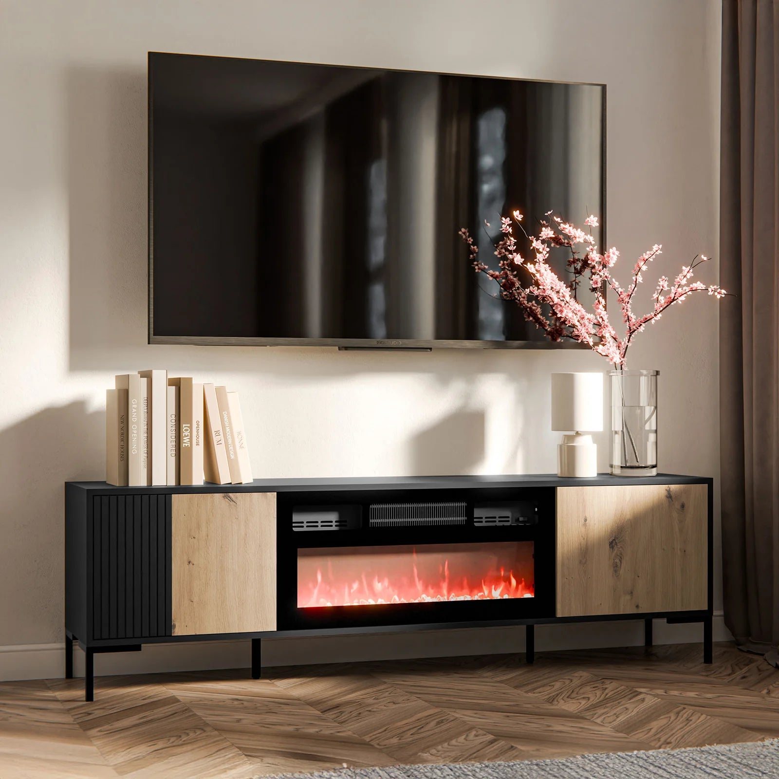 Meuble TV 2 portes avec cheminée intégrée noir mat/chêne Écrin 180x54 cm