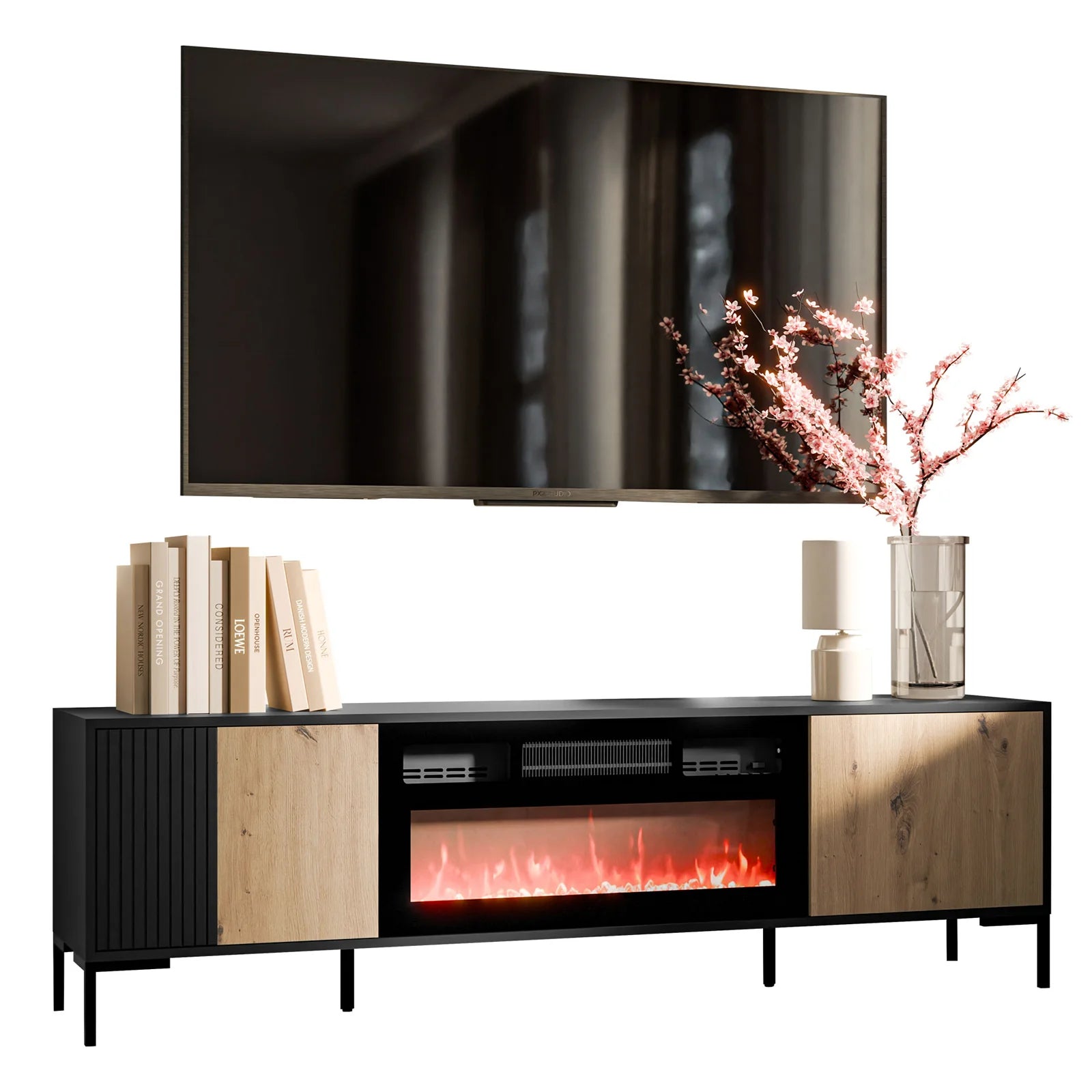 Meuble TV 2 portes avec cheminée intégrée noir mat/chêne Écrin 180x54 cm