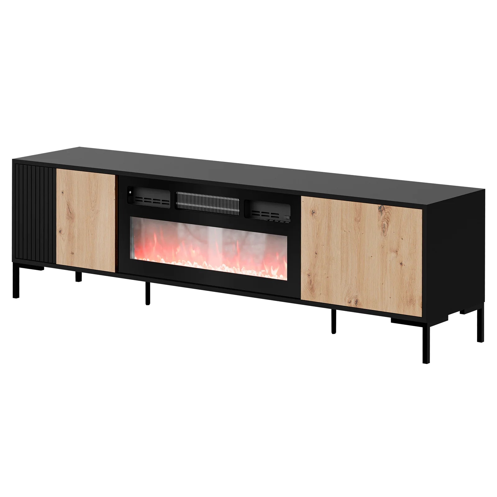 Meuble TV 2 portes avec cheminée intégrée noir mat/chêne Écrin 180x54 cm