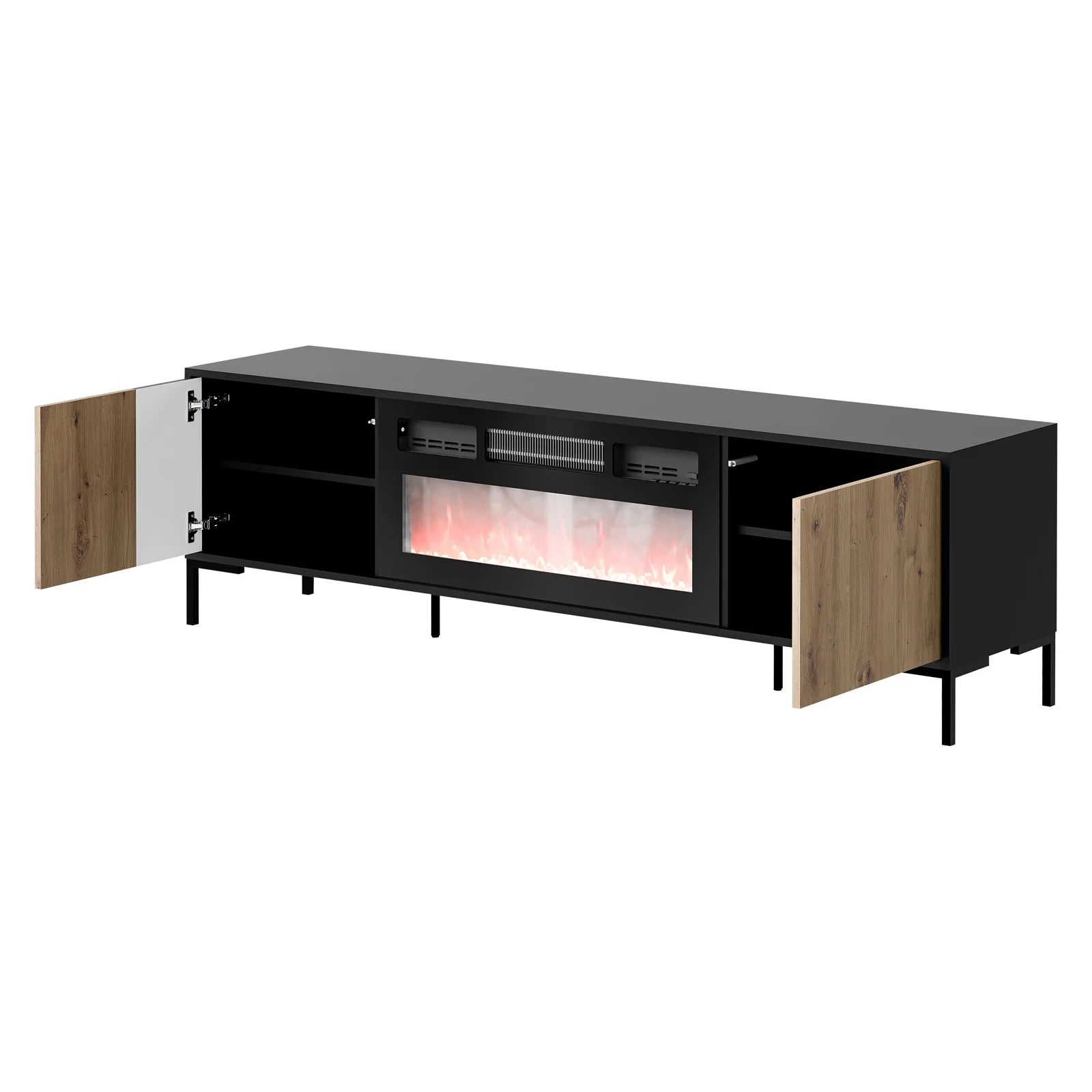 Meuble TV 2 portes avec cheminée intégrée noir mat/chêne Écrin 180x54 cm