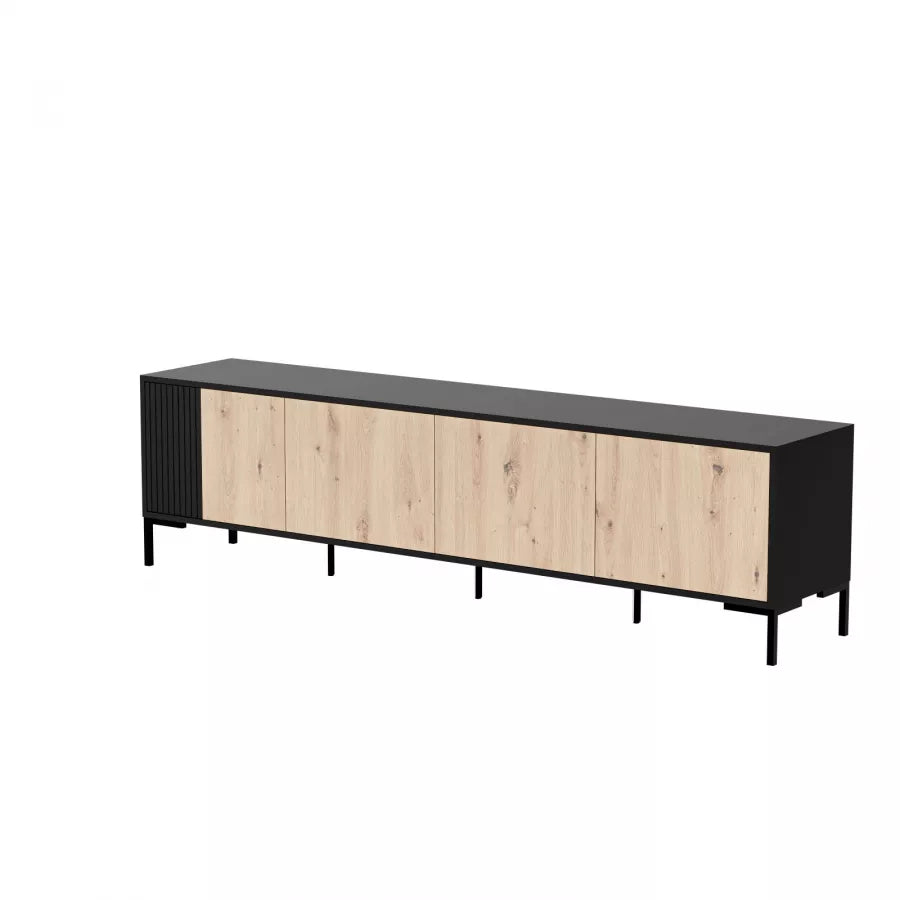 Meuble TV 4 portes avec pied en métal noir mat/chêne Écrin 200x54 cm