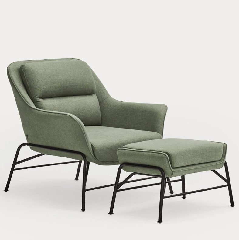 Repose-pieds en tissu vert avec structure en métal pour fauteuil Sadira