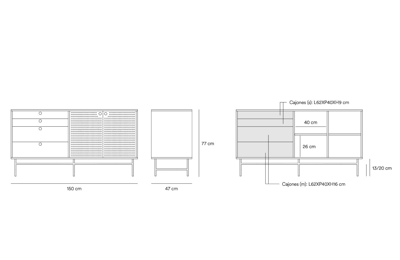 Buffet 4 tiroirs 2 portes 150x47 cm Punto de Teulat bleu