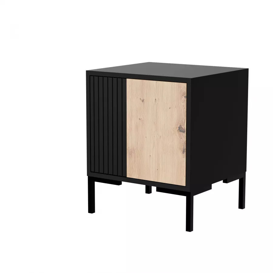 Table de chevet 1 porte avec pied en métal noir mat/chêne Écrin 44x53 cm
