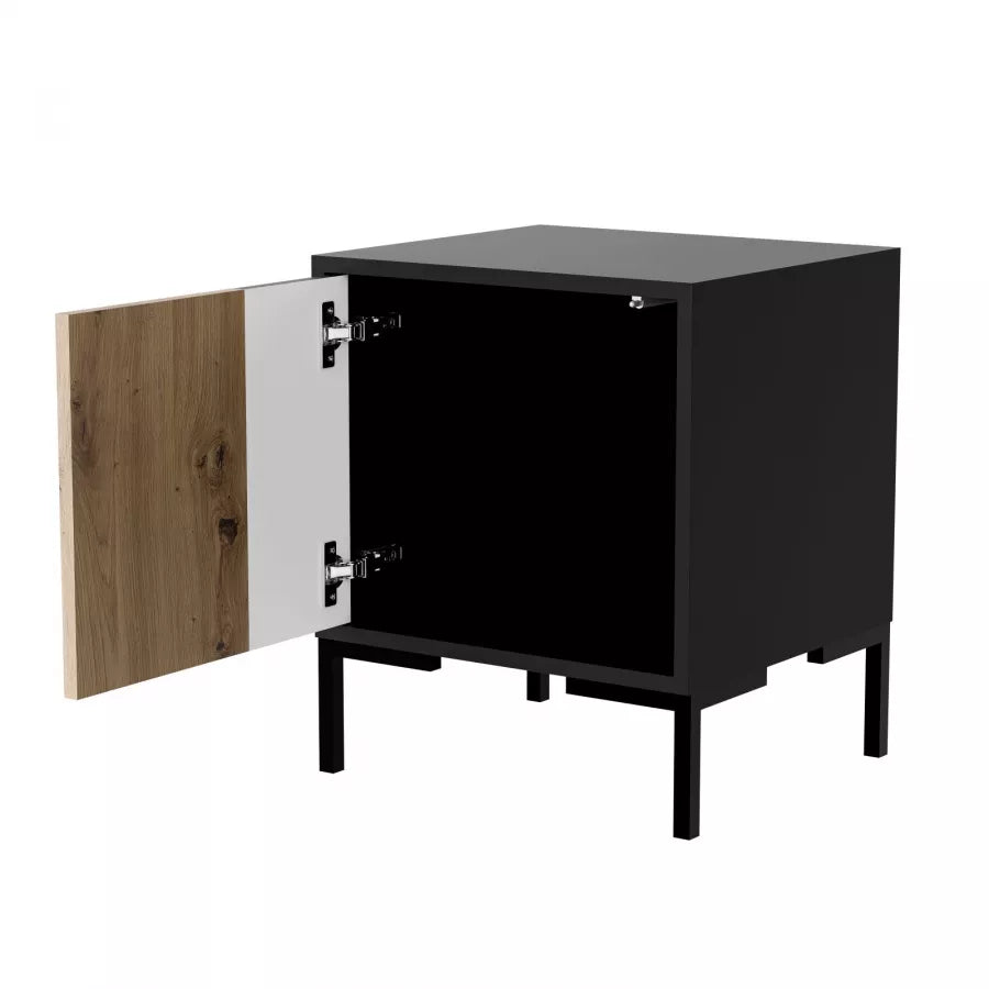Table de chevet 1 porte avec pied en métal noir mat/chêne Écrin 44x53 cm