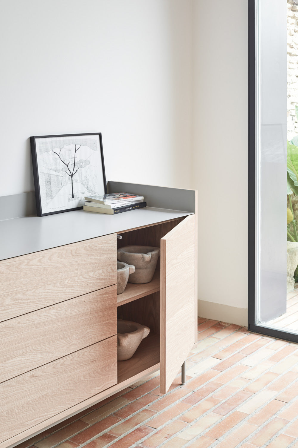 Buffet 3 portes 3 tiroirs 200x45 cm Valley de Teulat  chêne/gris lumineux 