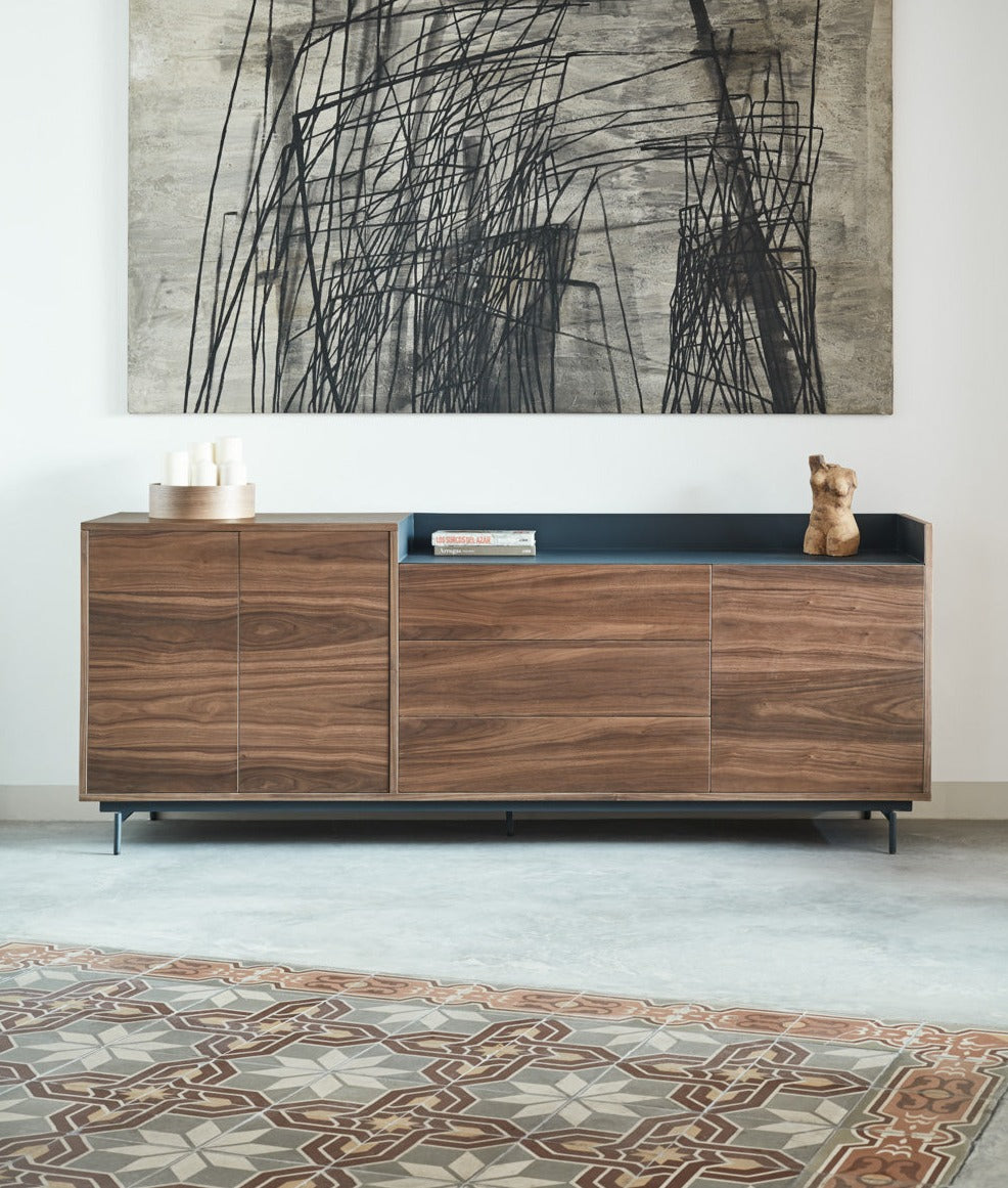 Buffet 3 portes 3 tiroirs 200x45 cm Valley de Teulat noyer/bleu