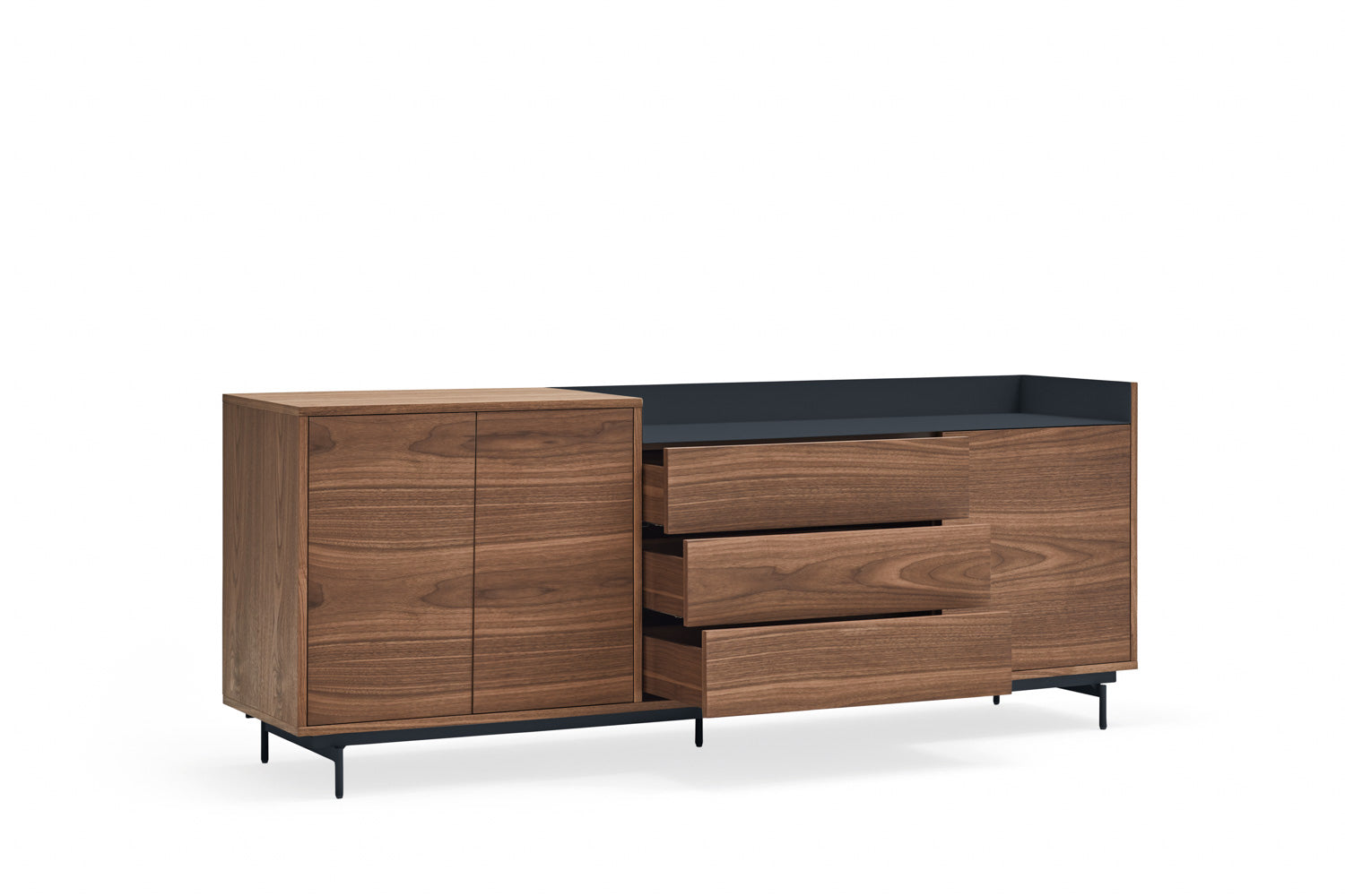 Buffet 3 portes 3 tiroirs 200x45 cm Valley de Teulat noyer/bleu