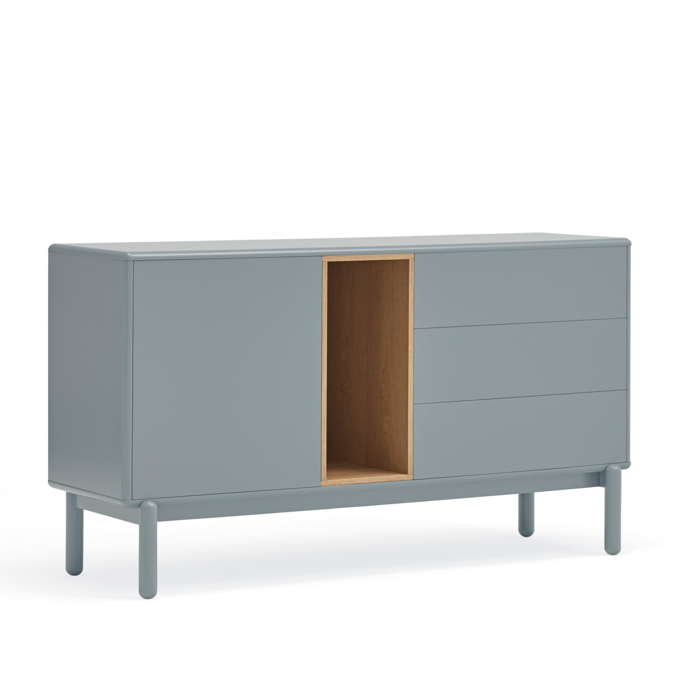 Buffet 3 tiroirs 1 porte 140x40 cm Corvo de Teulat en bois massif laqué gris perle