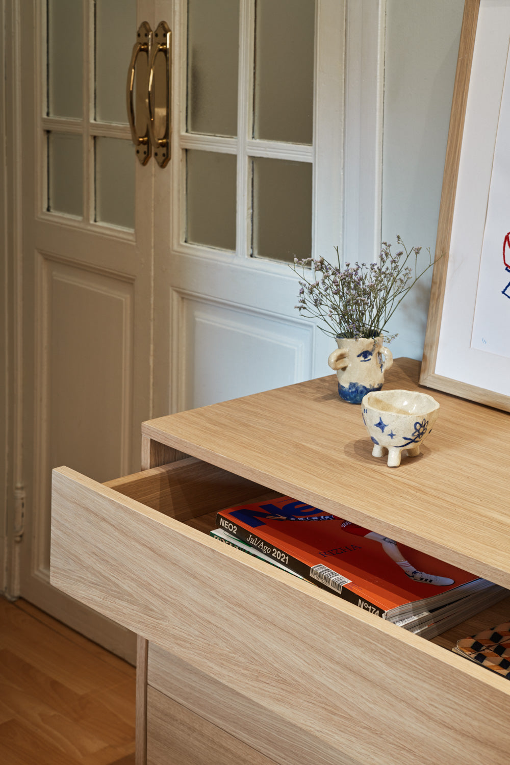 Buffet 3 tiroirs 1 porte 128x81 cm Yoko par Teulat chêne terre cuite