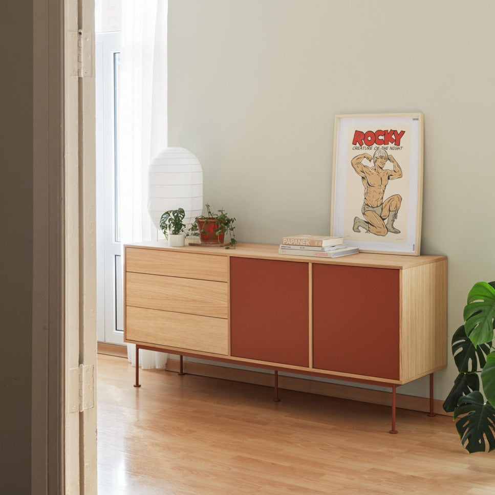 Buffet 3 tiroirs 2 portes 180x81 cm Yoko par Teulat chêne terre cuite 