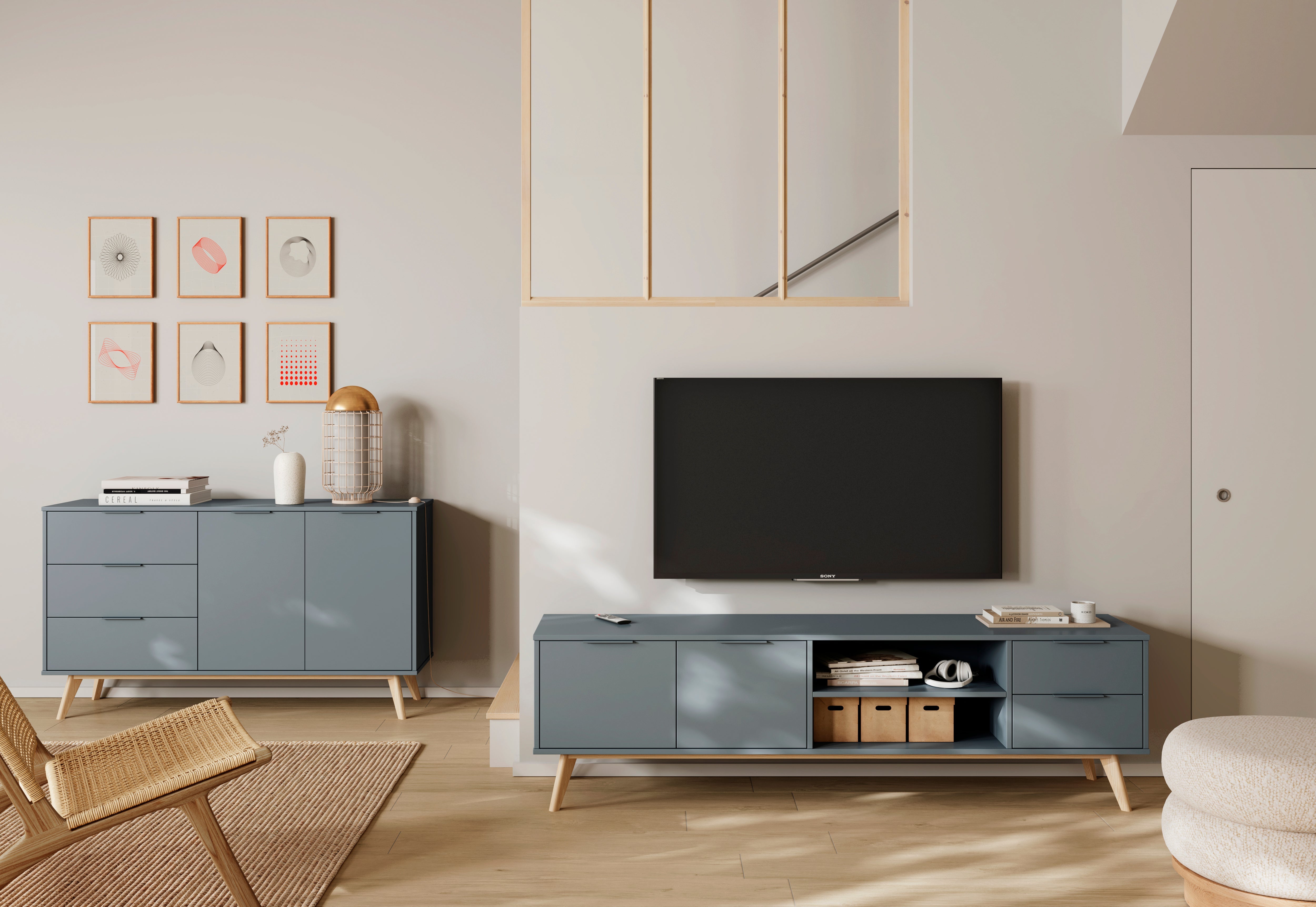 Mobile TV 2 ante e 2 cassetti con ripiani aperti Nordica 180x53 cm