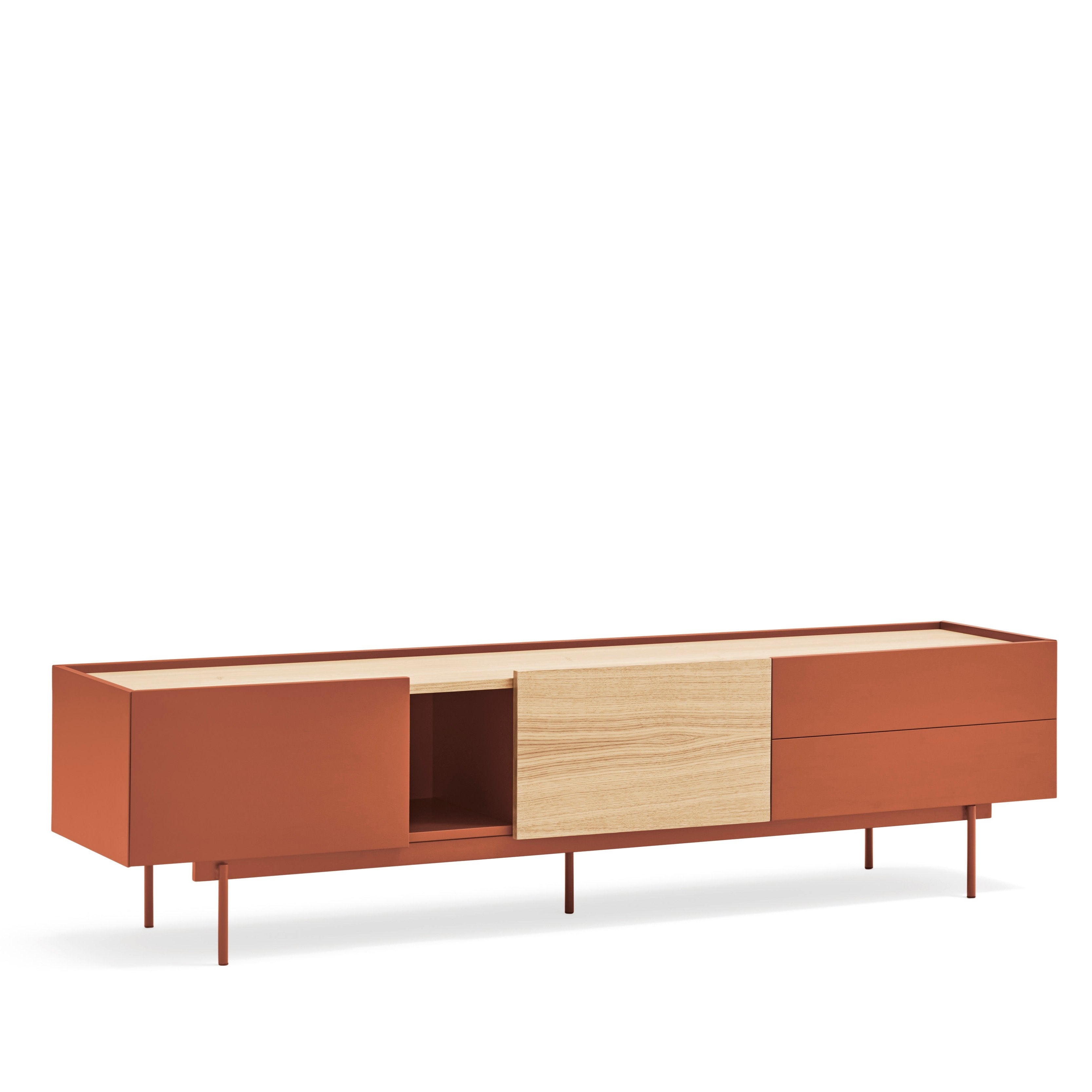 Meuble TV 2 portes 2 tiroirs 180x45 cm Otto en bois de chêne et terre cuite