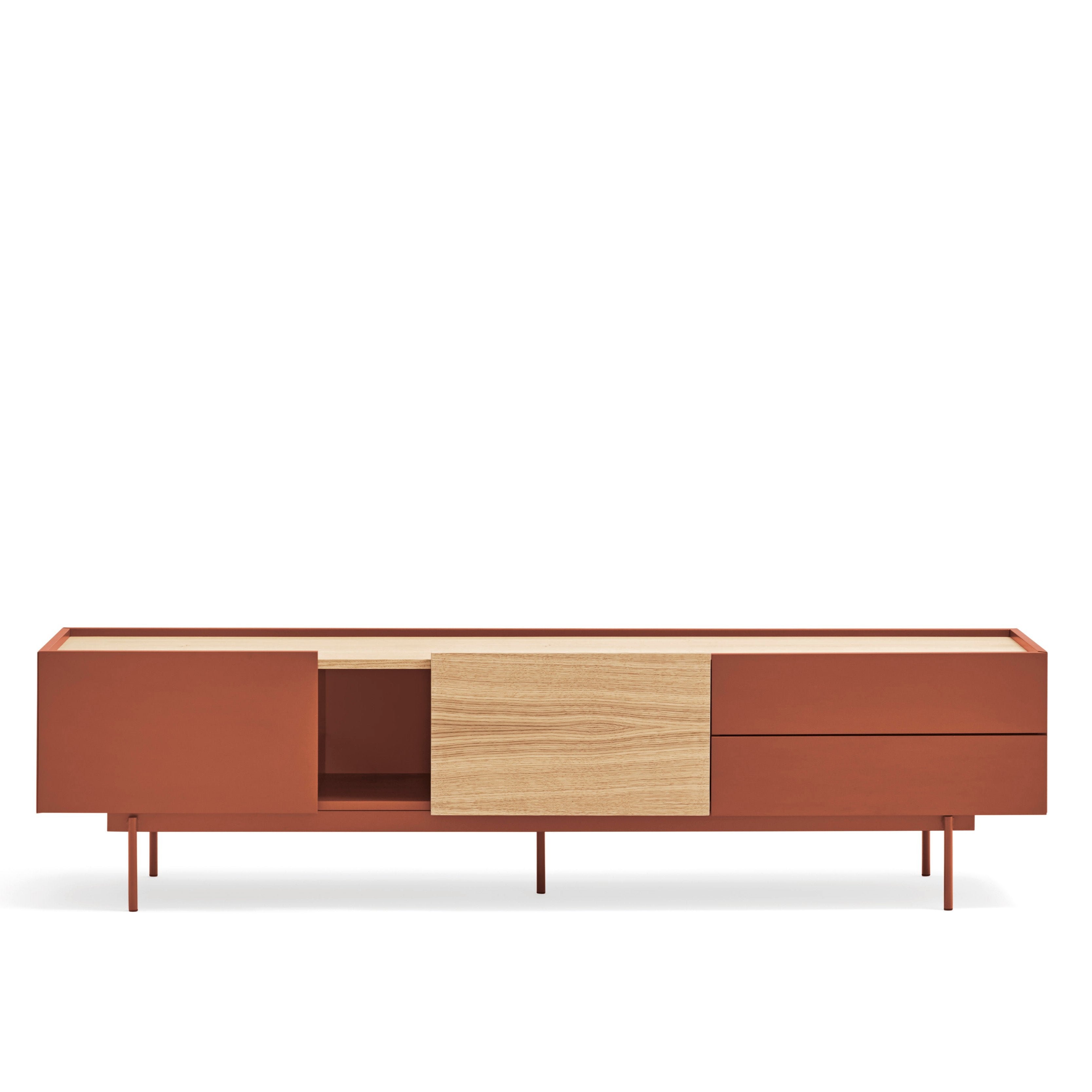 Meuble TV 2 portes 2 tiroirs 180x45 cm Otto en bois de chêne et terre cuite