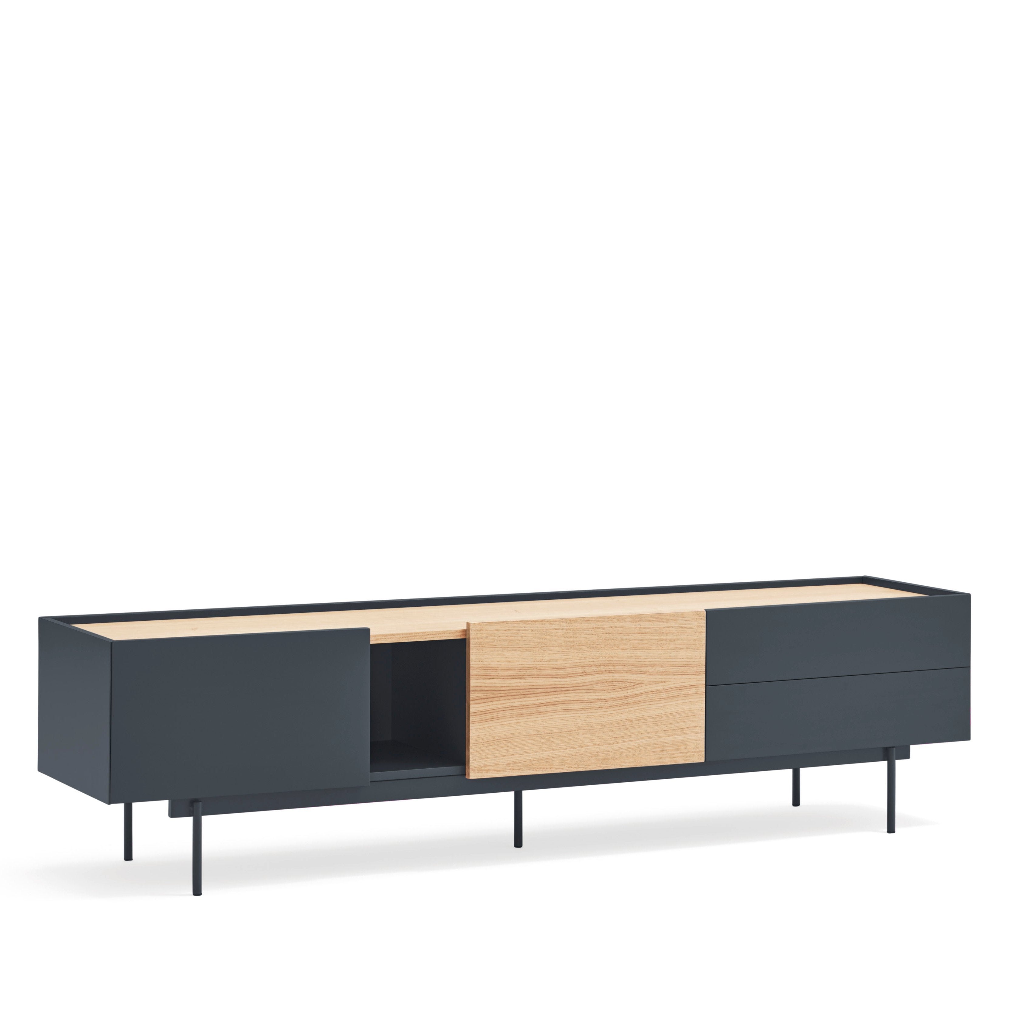 Meuble TV 2 portes 2 tiroirs 180x45 cm Otto en bois de chêne gris anthracite 