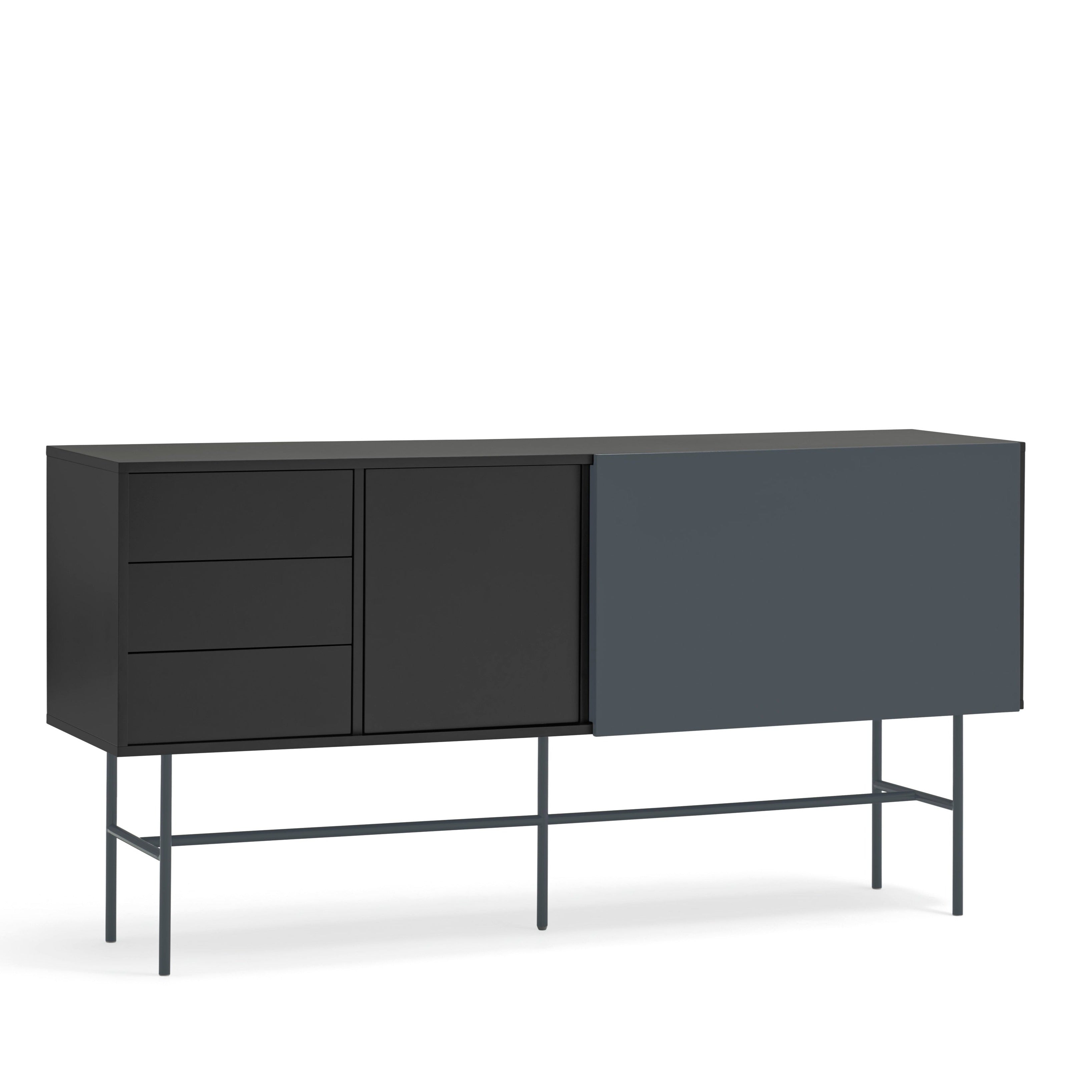 Buffet 3 tiroirs avec porte coulissante laquée noir et gris anthracite avec pied en fer Nube di Teulat 180x45cm