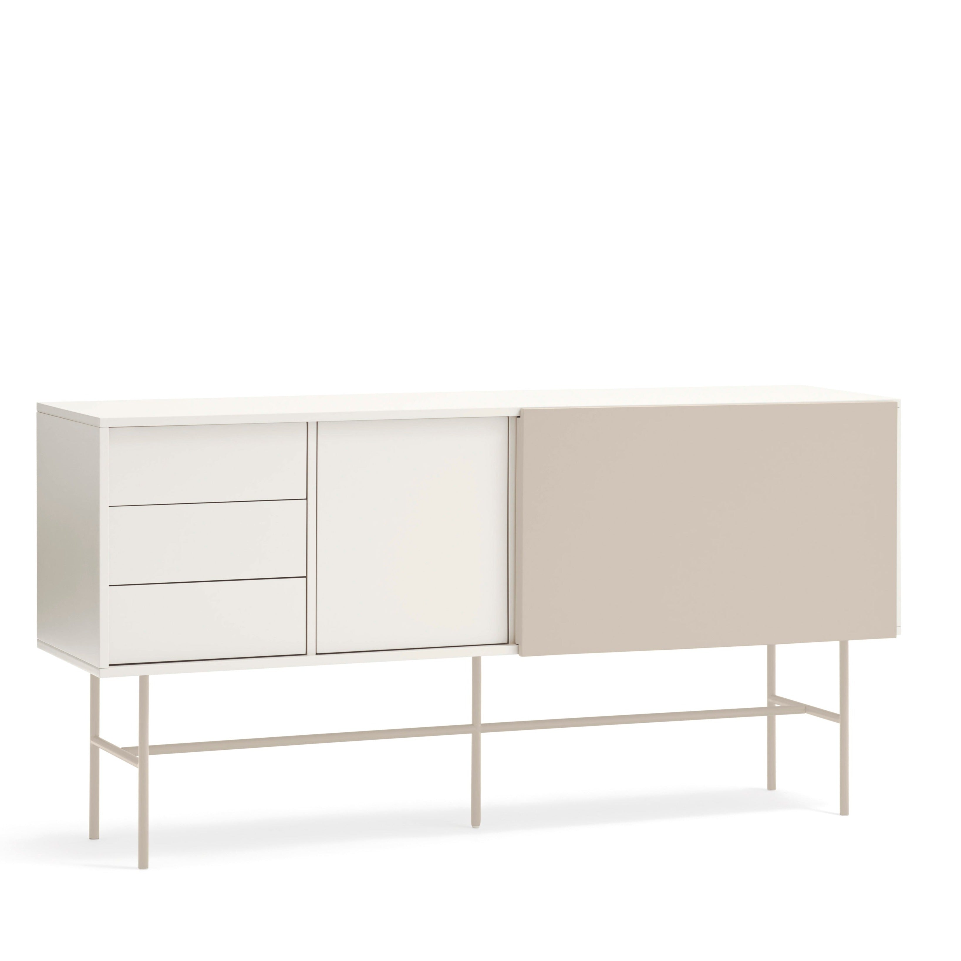 Buffet 3 tiroirs avec porte coulissante laquée crème et sable avec pied en fer Nube par Teulat 180x45cm