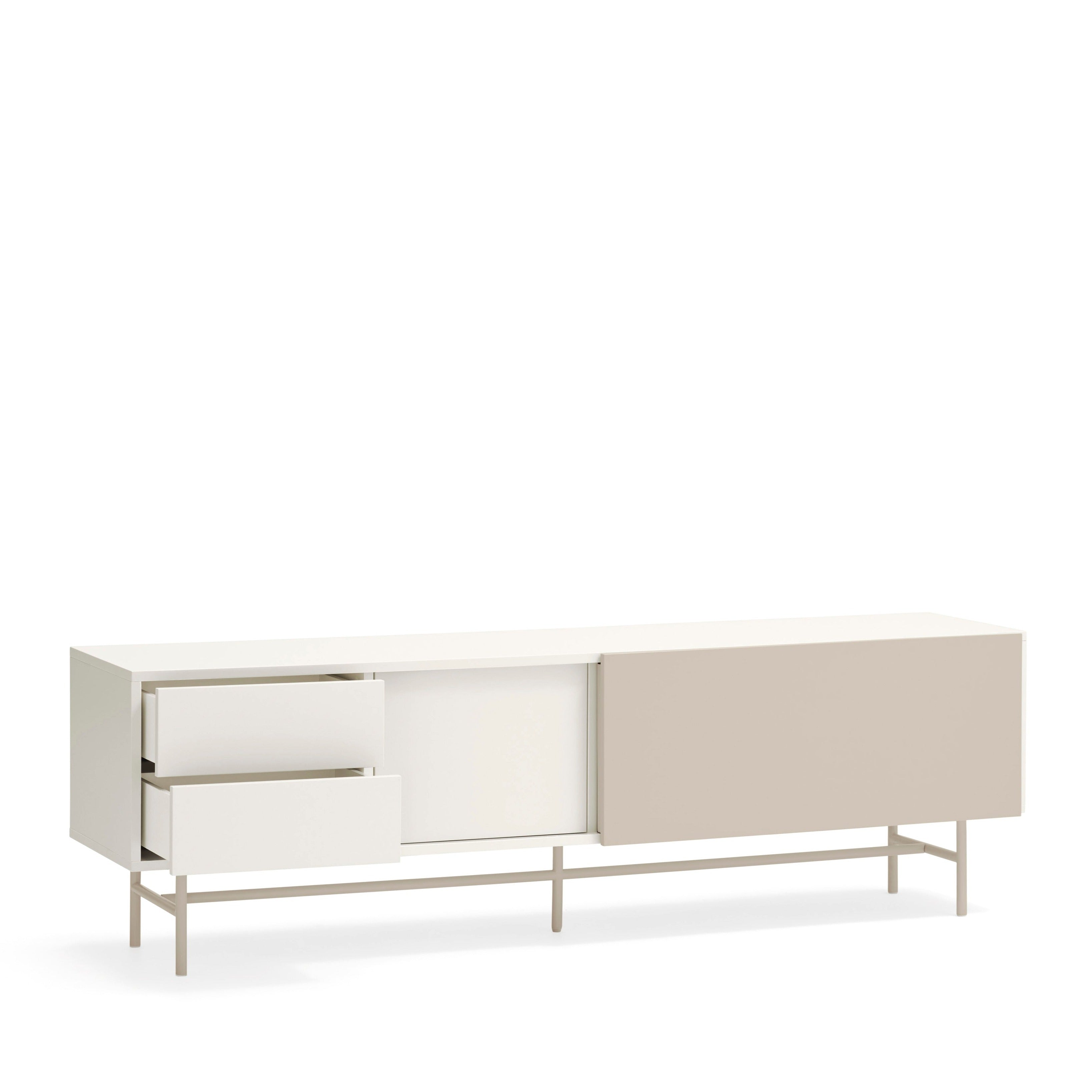 Meuble TV 2 portes et 2 tiroirs 180x56 cm Nube par Teulat laqué crème et sable avec pied en fer 