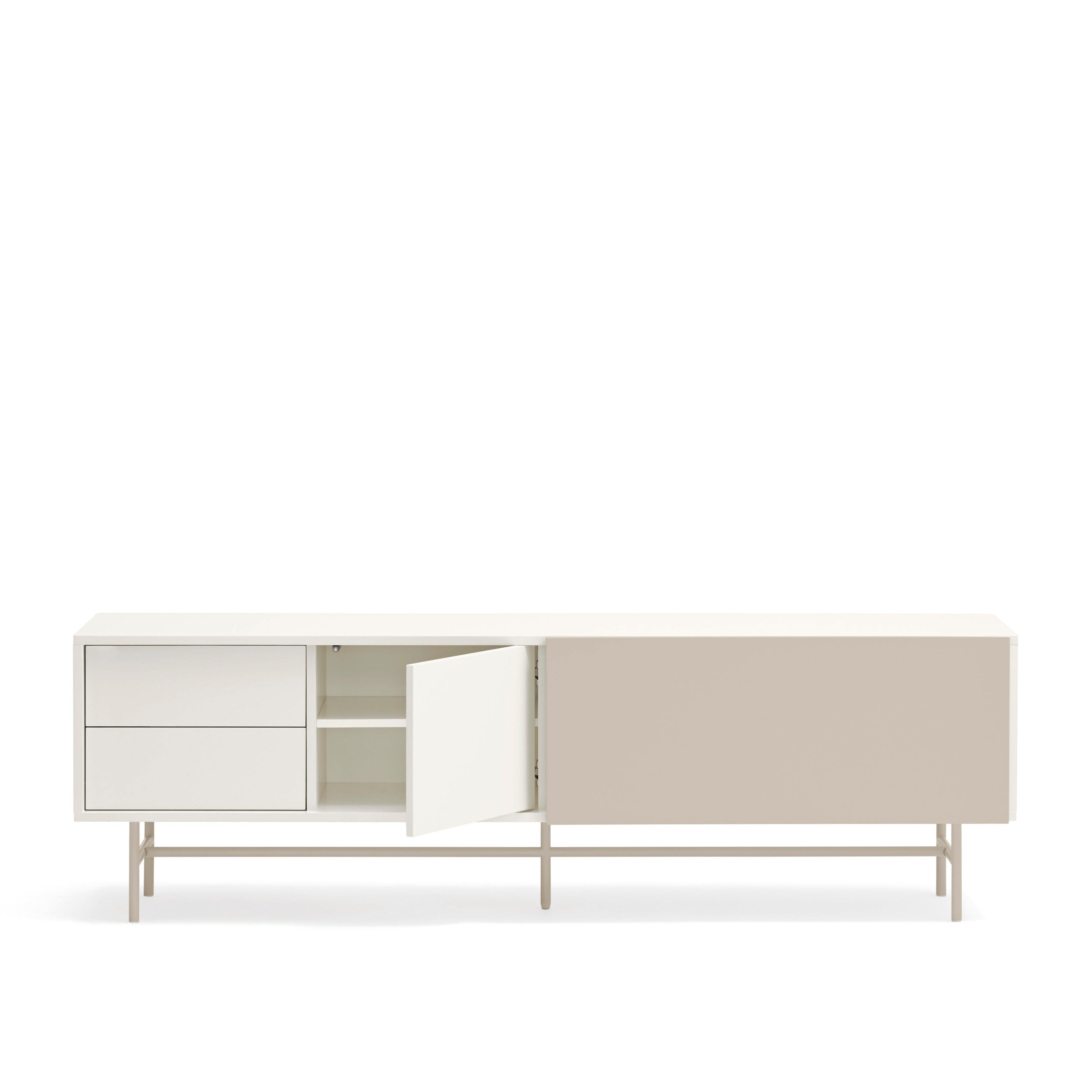 Meuble TV 2 portes et 2 tiroirs 180x56 cm Nube par Teulat laqué crème et sable avec pied en fer 