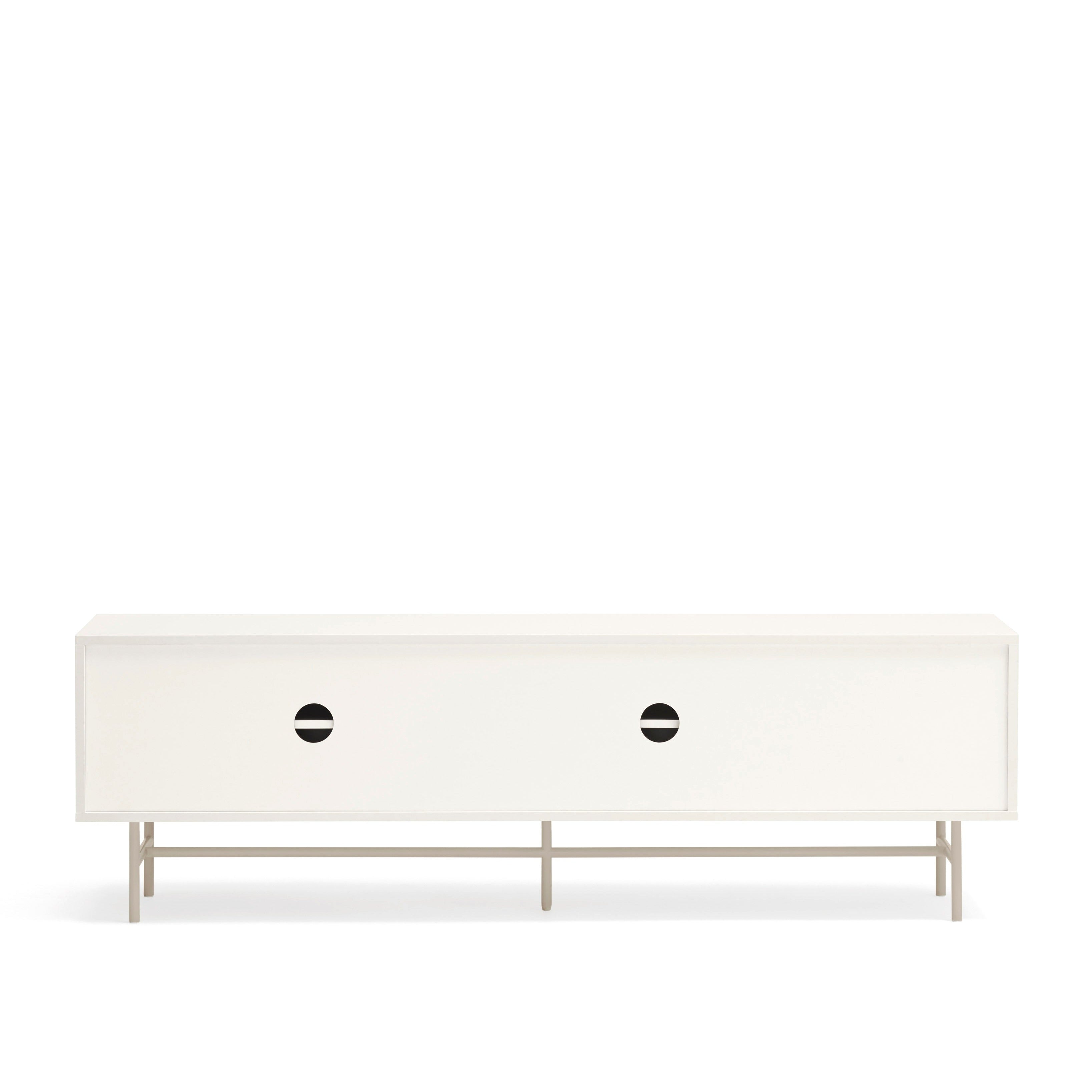 Meuble TV 2 portes et 2 tiroirs 180x56 cm Nube par Teulat laqué crème et sable avec pied en fer 