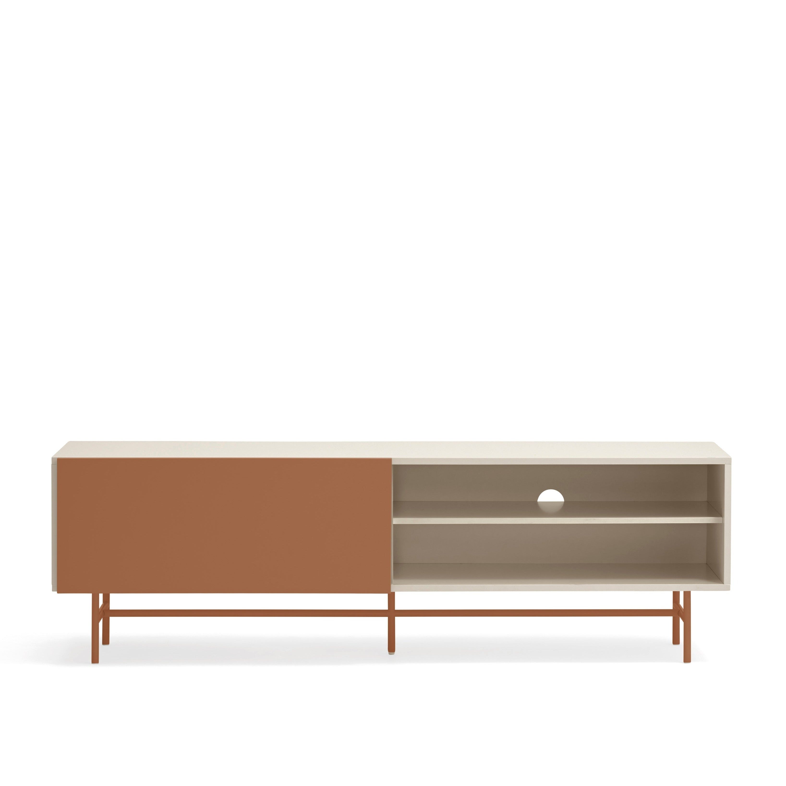 Meuble TV 2 portes et 2 tiroirs 180x56 cm Nube par Teulat laqué sable et terre cuite avec pied en fer 