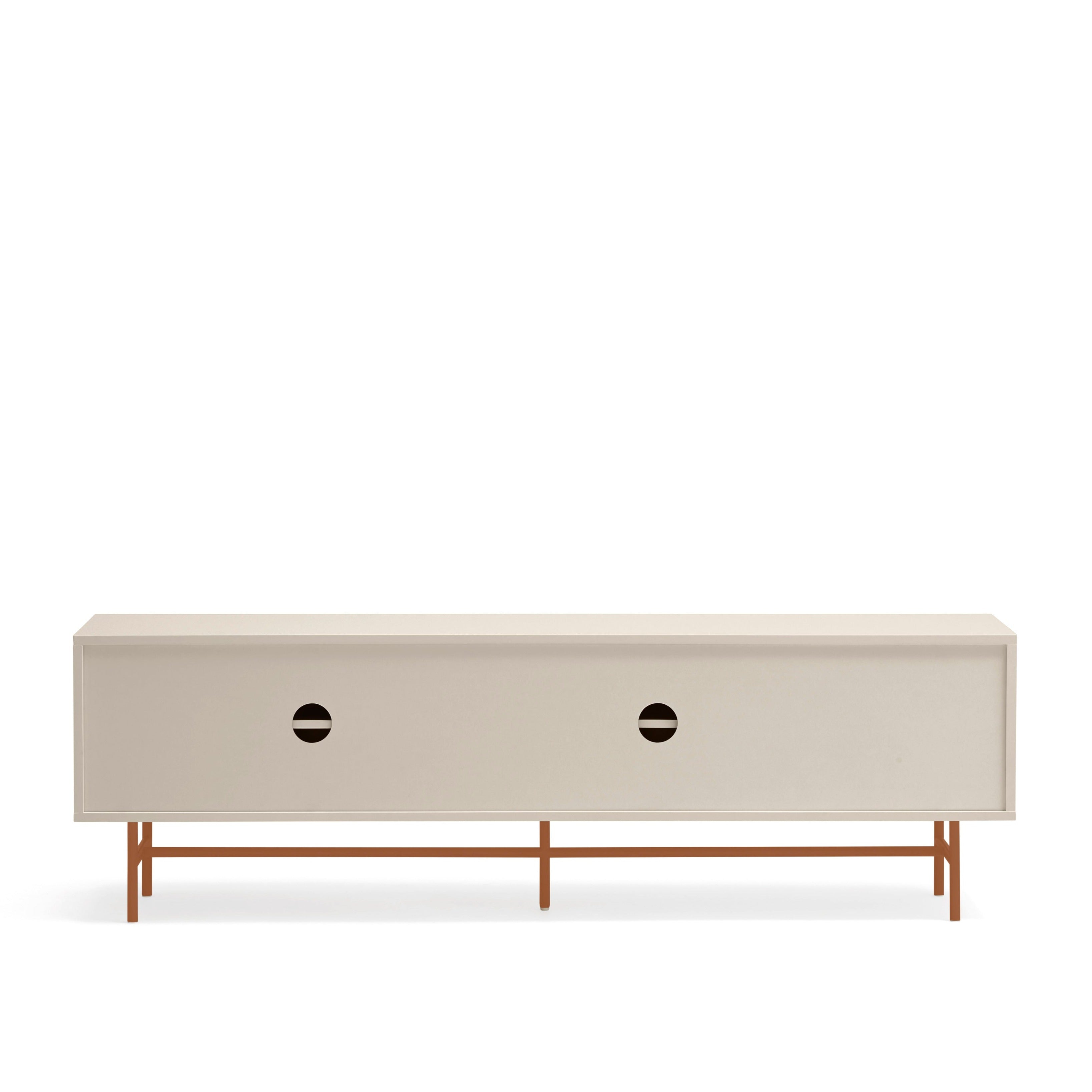 Meuble TV 2 portes et 2 tiroirs 180x56 cm Nube par Teulat laqué sable et terre cuite avec pied en fer 